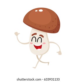 Funny porcini mushroom character with smiling human face and closed eyes walking, cartoon vector illustration isolated on a white background. Smiling porcini mushroom character walking happily