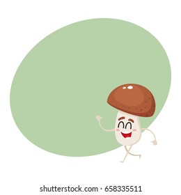 Funny porcini mushroom character with smiling human face and closed eyes walking, cartoon vector illustration with space for text. Smiling porcini mushroom character walking happily