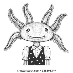 Funny Portrait of Axolotl - Classic Drawn Ink Illustration Isolated on White Background