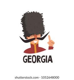 Funny portrait of Caucasian man in papakha. Cartoon cheerful Georgian male with mustache in traditional headdress. Flat vector icon