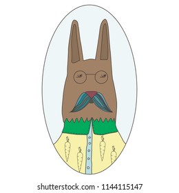 funny portrait of cute rabbit. Smart hare in a fashionable shirt. Isolated on white background in vector.