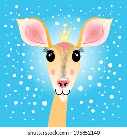 funny portrait of a deer with a crown on a blue background with snow  