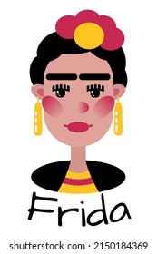 Funny portrait of the famous artist Frida Kahlo in a flat cartoon geometric style . Funny character in black, yellow and red colors. Avatar, icon, element, logo.