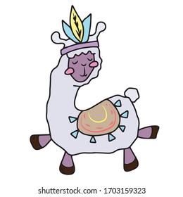 Funny portrait of a Lama with a wreath of feathers on his head and a Cape.  Humorous greeting card, banner, hand-drawn printing style. Vector illustration