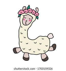 Funny portrait of a Lama with a wreath of flowers on his head. Humorous greeting card, banner, hand-drawn printing style. Vector illustration.