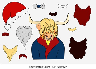 Funny portrait of a light bull in a suit on white background. Bow-tie,mustache, beards and hat. Line art in doodle style. Flat cartoon character illustration. Constructor. Simbol of chinese horoscope