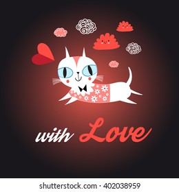 Funny portrait of love with a cat on a dark background