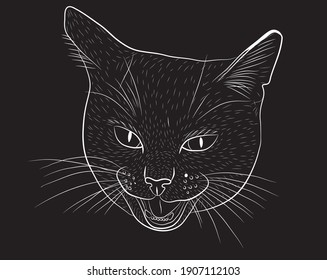 Divertido retrato de un gato maullido con boca abierta y ojos grandes aislados en un fondo negro. Ilustración vectorial.