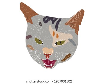 Divertido retrato de un gato maullido con boca abierta y ojos grandes aislados en un fondo blanco. Ilustración vectorial.