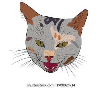 Divertido retrato de un gato maullido con boca abierta y ojos grandes aislados en un fondo blanco. Ilustración vectorial.