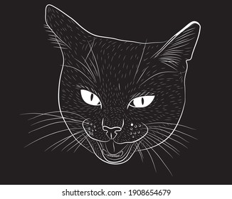 Divertido retrato de un gato maullido con boca abierta y ojos grandes aislados en un fondo negro. Ilustración vectorial.