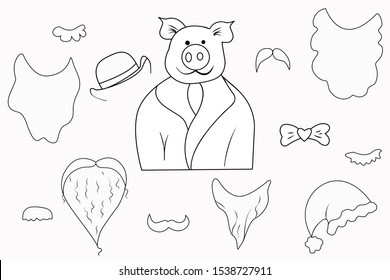 Funny portrait of a pig in a suit, bow-tie,mustache, beards and hats. Line art in doodle style. Black and white cartoon character illustration. Constructor: hat and tie can be removed.