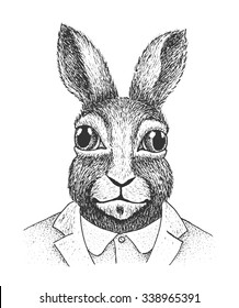 Sonniges Portrait von Kaninchen - klassische, gezeichnete Tintengrafik-Illustration einzeln auf weißem Hintergrund