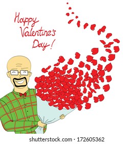 Funny portrait of a romantic smiling man with red hearts