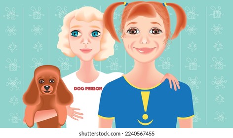 Funny portrait of two cute children with a little red dog on a pretty Christmas background. 