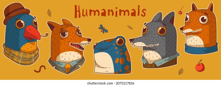 Funny portrait vector set of humanized animals. Cute isolated cartoon heads of foxes, a bird, a frog, and a wolf. Trendy sketch drawn animal characters with various emotions. Sticker pack worthy