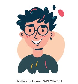 funny portrait of a young man, illustration in cartoon style. trendy colors and abstract spots