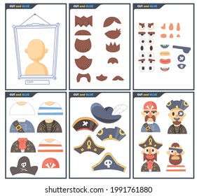 Funny portraits of pirates.. Education paper game for preshool children. Cut parts of the image and glue on the paper. Vector illustration. Cut and Glue Game.