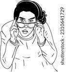 Funny pose line art vector illustration of woman with glasses, Vector illustration of young woman in a humorous glasses pose