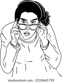 Funny pose line art vector illustration of woman with glasses, Vector illustration of young woman in a humorous glasses pose