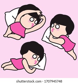 A Funny Poses Of Lazy Girl Hugging And Lying On Soft Pillow All Day. Activity At Home During Quarantine Period Concept Card Character illustration