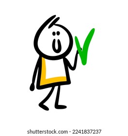 Funny positive boy holds a green consent tick in his hands and smiles. Vector hand drawn stickman in positive mood is agree.