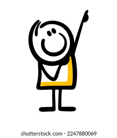 Funny positive character points his finger up and smiles. cute vector illustration of a curious person.