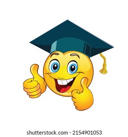 Funny positive emotiсon in school graduation cap. Vector on transparent background 