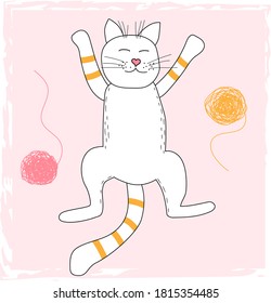 Funny post card with cat lying on its back and balls of wool. Graphic element for postcard, book, album, scrapbook, valentine, child room design. Humor cartoon vector illustration