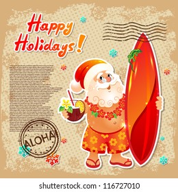 Funny postcard with Cartoon Santa Claus on vacation