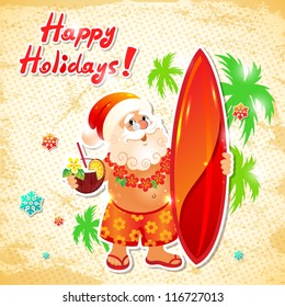Funny postcard with Cartoon Santa Claus on vacation