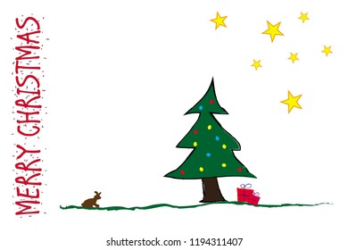 Funny Postcard for Christmas with Tree Gift Stars and Bunny Vector Illustration