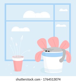 Funny postcard. Design for your project. The cat on the windowsill, lies in a flower pot, hides and bites flowers. Vector illustration. Cute character. Gentle colors. For print. Blue and pink.