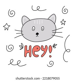 funny postcard with a gray cat and the word hey