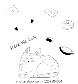 Funny postcard with a little kitten and pillows