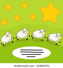 Funny postcard with sheep over green landscape.