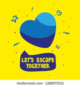 Funny postcard template with a blue heart, doodles and hand drawn lettering. Yellow background. Flat hand drawn doodle style vector illustration.