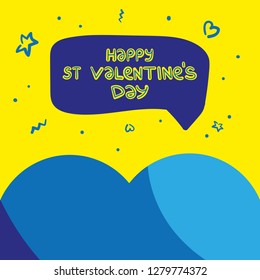 Funny postcard template with a part of a blue heart, doodles and hand drawn lettering happy St Valentine's Day. Yellow background. Flat hand drawn doodle style vector illustration.