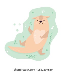 Funny poster with adorable dancing  otter. Animal character design, illustration for prints, posters, invitations, t-shirts, greeting cards. 