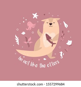 Afiche gracioso con adorable nutria bailarina y texto NO ME GUSTA OTTERS. Diseño de caracter animal, ilustración para impresiones, carteles, invitaciones, pantalones, tarjetas de felicitación. 