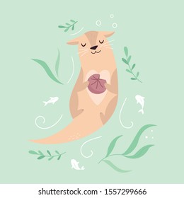 Funny poster with adorable dreaming otter with a shell. Animal character design, illustration for prints, posters, invitations, t-shirts, greeting cards.