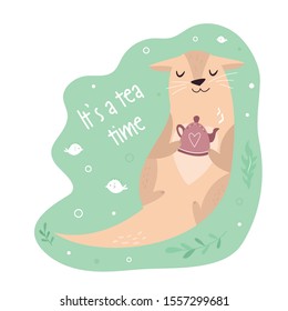 Funny poster with adorable otter with teapot ant text IT'S A TEA TIME. Animal character design, illustration for prints, posters, invitations, t-shirts, greeting cards. 