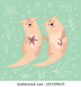 Funny poster with adorable romantic otters holding paws. Animal character design, illustration for prints, posters, invitations, t-shirts, greeting cards. 