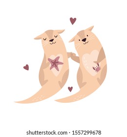 Funny poster with adorable romantic otters. Animal character design, illustration for prints, posters, invitations, t-shirts, greeting cards. 