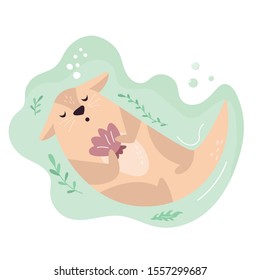 Funny poster with adorable sleeping otter. Animal character design, illustration for prints, posters, invitations, t-shirts, greeting cards. 