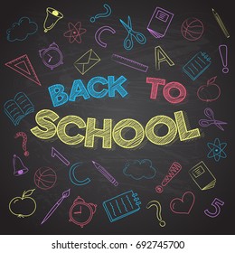 Funny poster "Back to School" with hand drawn doodles. Vector.