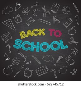 Funny poster "Back to School" with hand drawn doodles. Vector.