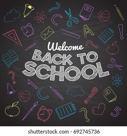Funny poster "Back to School" with hand drawn doodles. Vector.