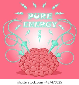 Funny Poster: brain with electrodes energized and text to design a banner or cover device. Cartoon drawing style. Vector illustration.