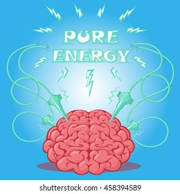 Funny Poster: brain with electrodes energized and text to design a banner or cover device. Cartoon drawing style. Vector illustration.